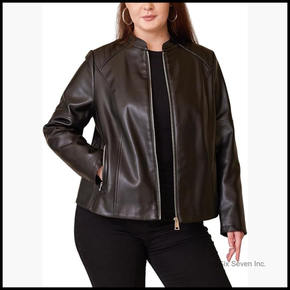 Plus Size Faux Leather Motorcycle Jacket with Quilted Shoulders